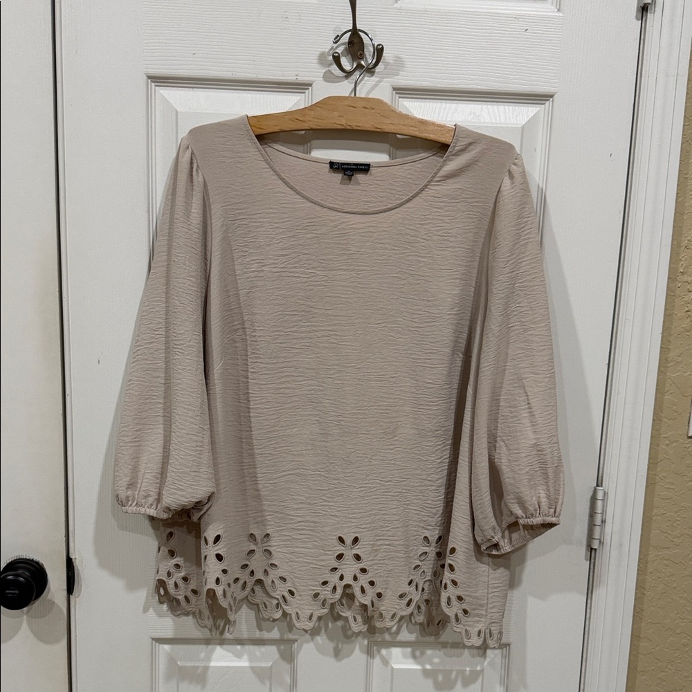 Adriana Papell Taupe Eyelet Hem Long Sleeve Top
